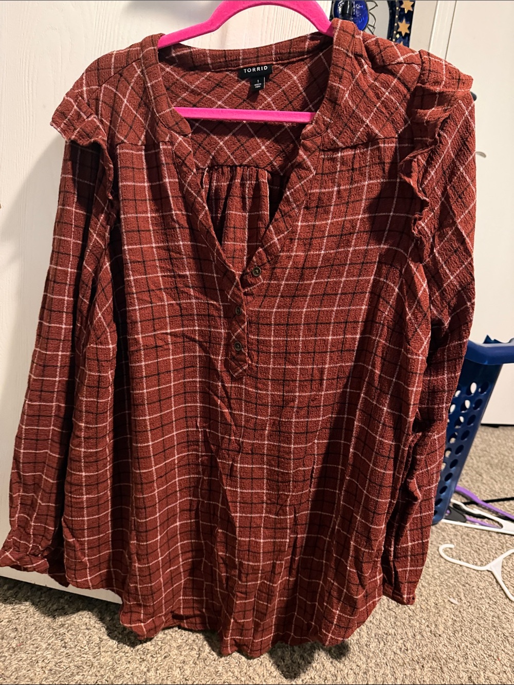torrid Rust Plaid Ruffle-Trim Button-Front Blouse